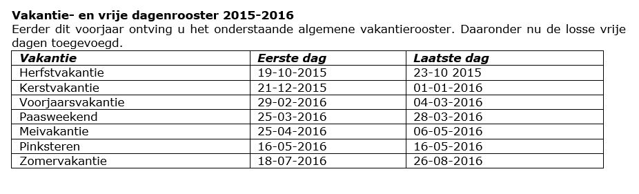 Vakantie- en vrije dagenrooster 2015-2016